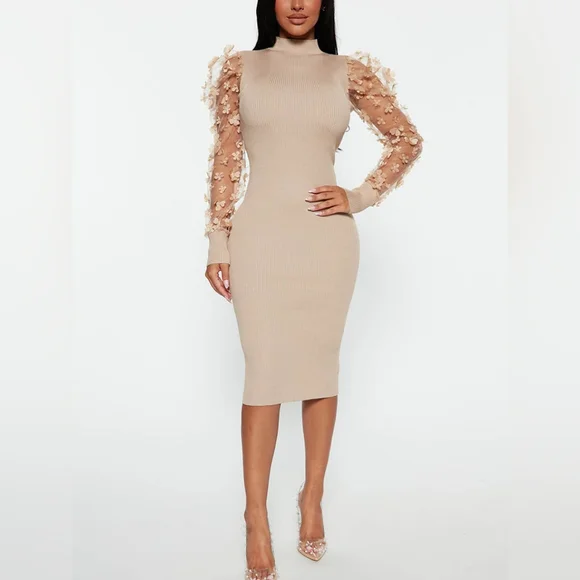 Fashion Nova Tan Ribbed Midi Dress | Sz M - Picture 7 of 7
